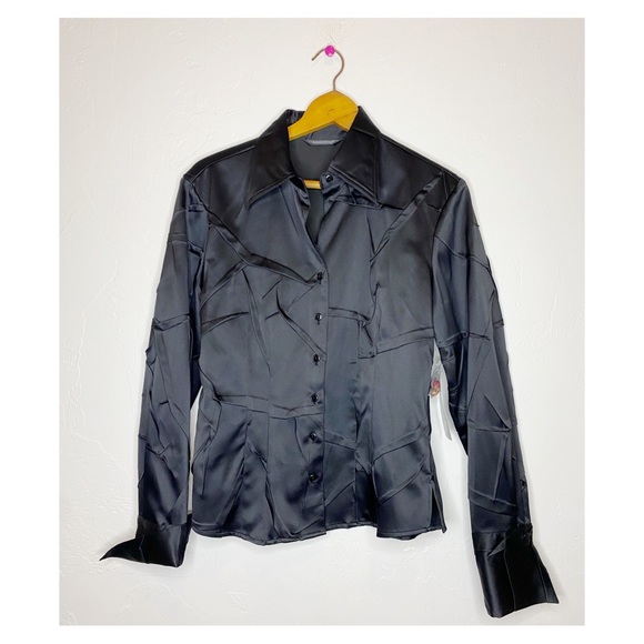 Samuel Dong Button up collared blouse textured long sleeve black satin NEW! - Picture 1 of 7